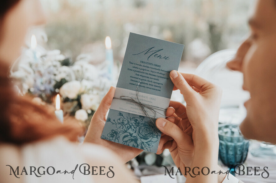 MENU & PROGRAMS romantic Romantic Dusty Blue Wedding Menu, Custom Modern Floral Dinner Menu, Chic Minimalistic Menu with Vellum Belly Band and Twine, Modern Elegant Wedding Stationery