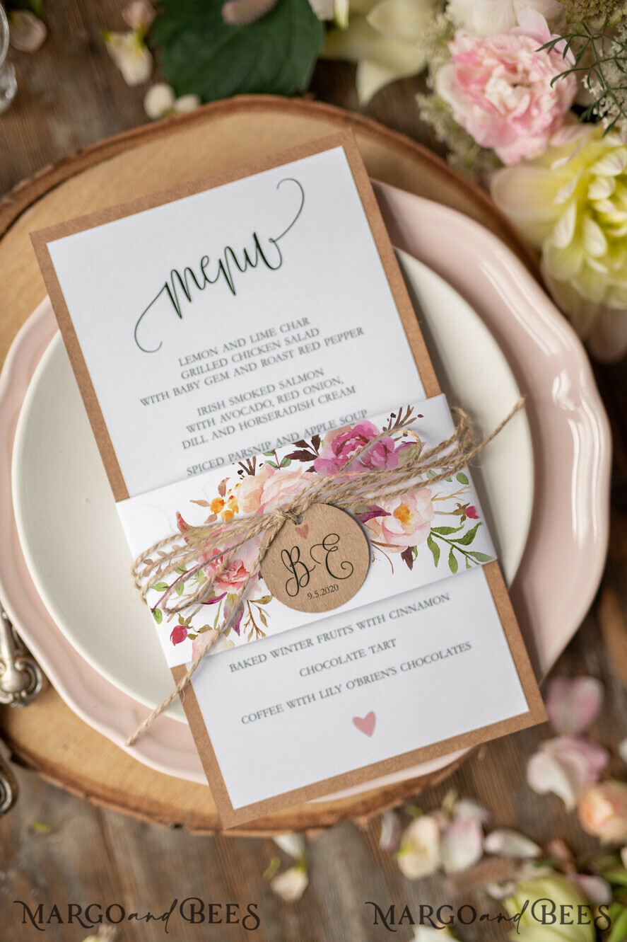 MENU & PROGRAMS romantic Watercolor Rustic Wedding Menu with Belly Band, Floral Wedding Dinner Menu, Eco Romantic Personalized Cards with Monogram Tag, Simple Rustic Wedding Menu