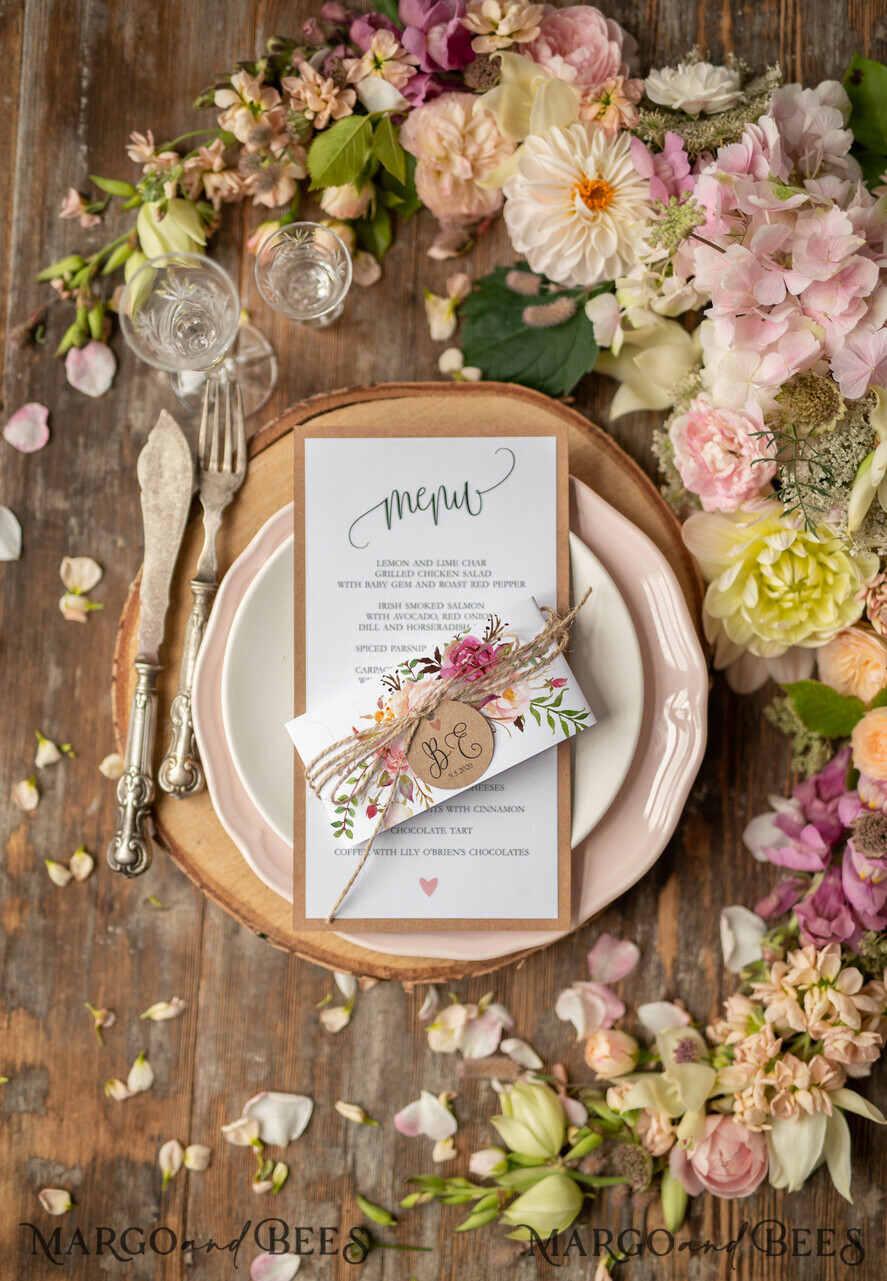 MENU & PROGRAMS romantic Watercolor Rustic Wedding Menu with Belly Band, Floral Wedding Dinner Menu, Eco Romantic Personalized Cards with Monogram Tag, Simple Rustic Wedding Menu