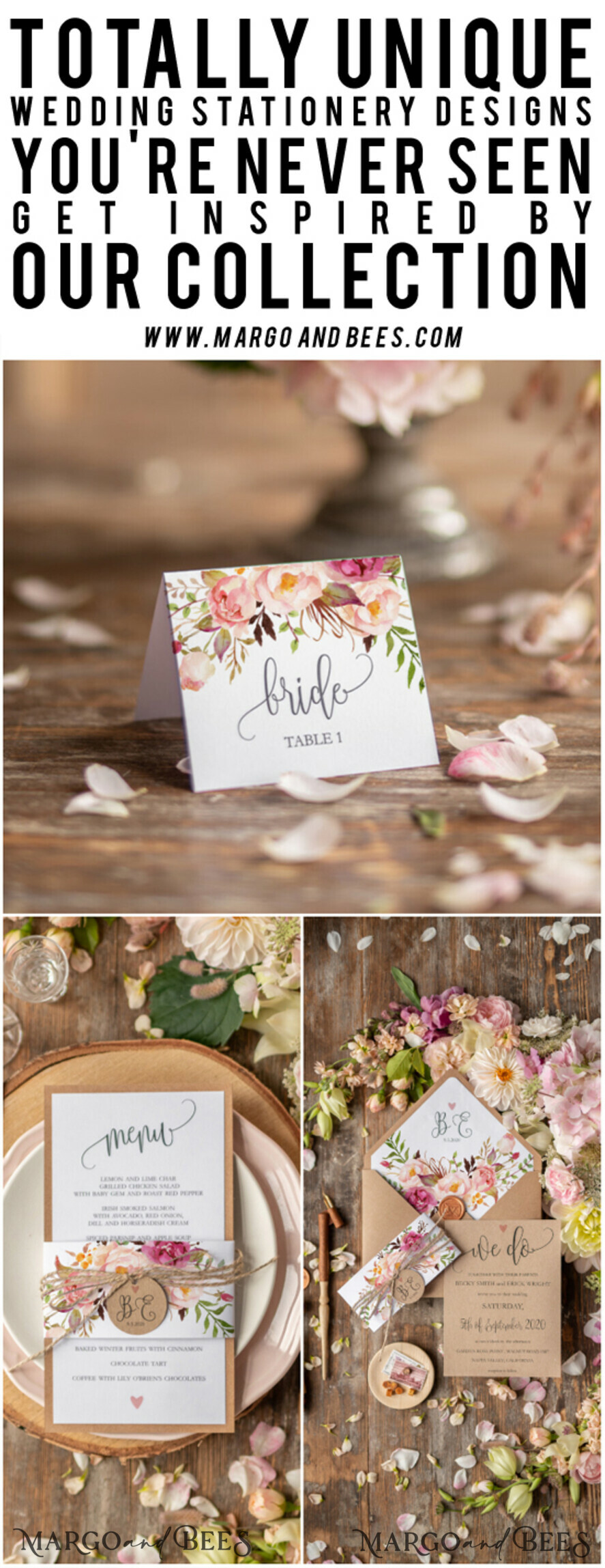 MENU & PROGRAMS romantic Watercolor Rustic Wedding Menu with Belly Band, Floral Wedding Dinner Menu, Eco Romantic Personalized Cards with Monogram Tag, Simple Rustic Wedding Menu
