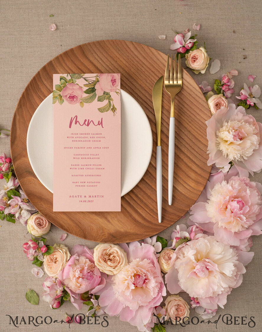 MENU & PROGRAMS romantic Blush Pink Minimalist Wedding Menu, Pink Boho Floral Wedding Menu, Handmade Greenery Menu, Watercolor Soft Blush Pink Flowers, Simple Flower Wedding Dinner Menu