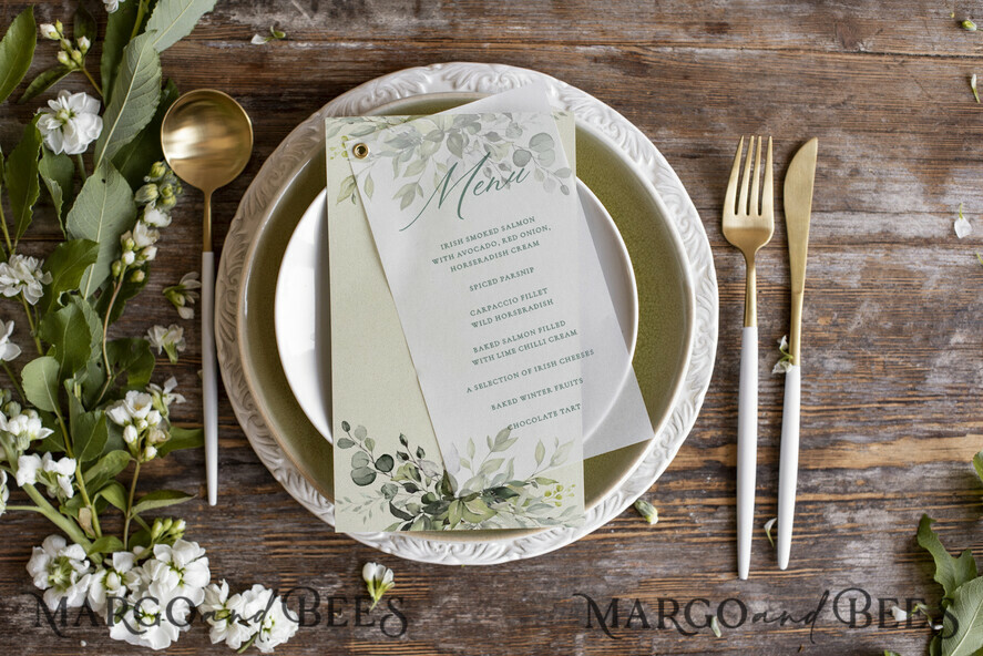 MENU & PROGRAMS romantic Olive Branch Greenery Table Wedding Menu, Rustic Italian Menu With Vellum, Simple Whimsical Menu, Tuscany Watercolor Olive Branch Menu, Mediterranean Menu cards