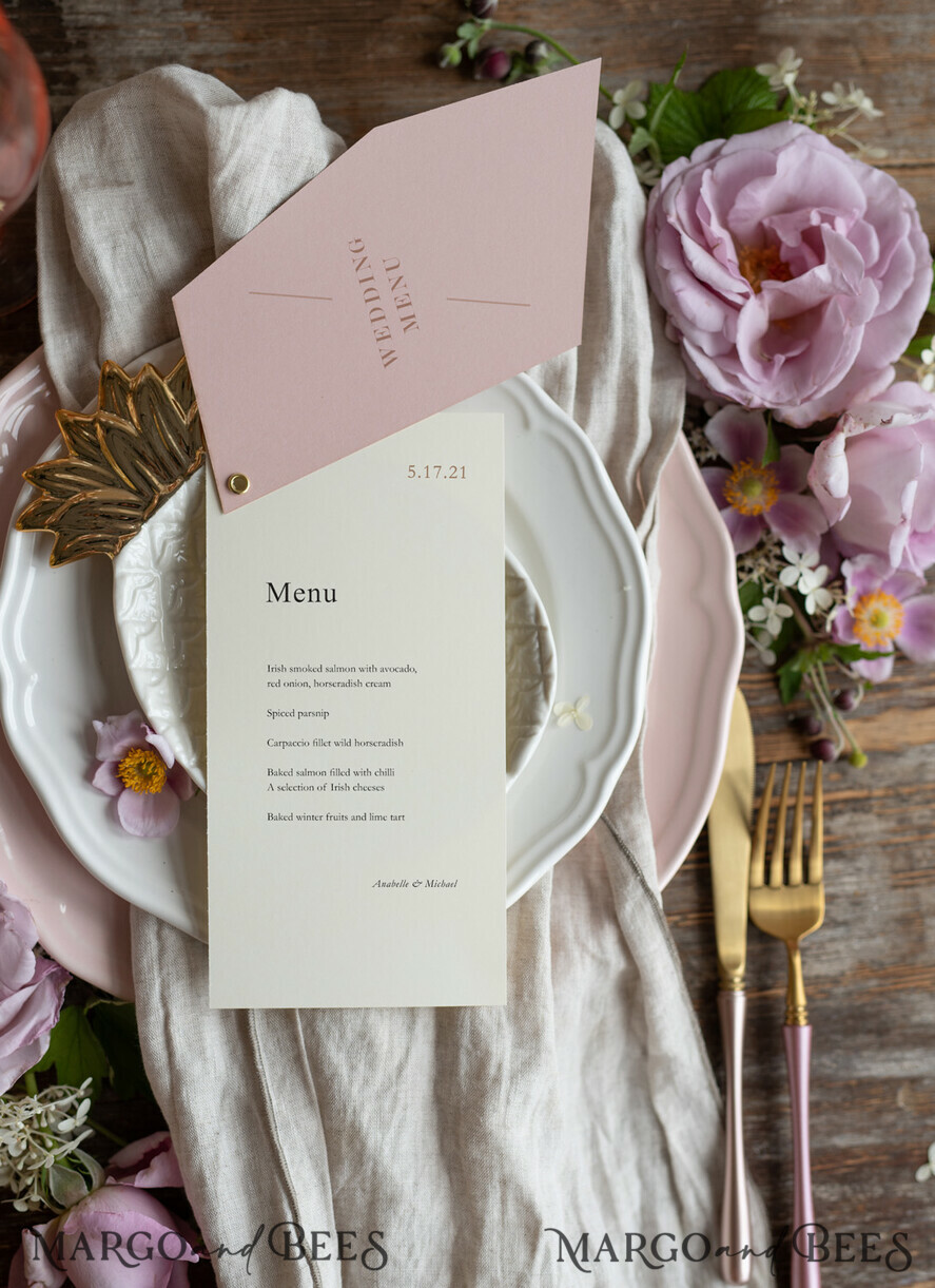 MENU & PROGRAMS romantic Geometric Minimalist Wedding Menu, Custom Blush and Ivory Double Menu Cards, Modern Handmade Geometric Wedding Menu, Simple Pink and Ecru Wedding Menu Cards