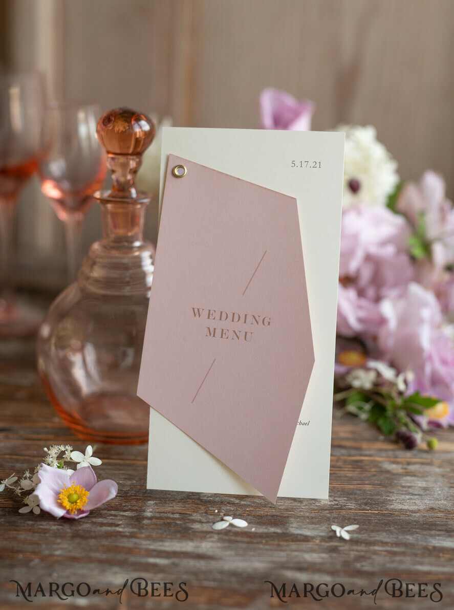 MENU & PROGRAMS romantic Geometric Minimalist Wedding Menu, Custom Blush and Ivory Double Menu Cards, Modern Handmade Geometric Wedding Menu, Simple Pink and Ecru Wedding Menu Cards