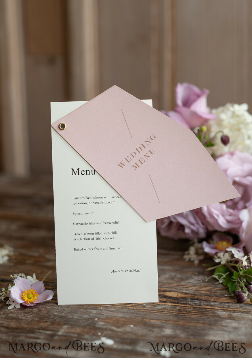 MENU & PROGRAMS romantic Geometric Minimalist Wedding Menu, Custom Blush and Ivory Double Menu Cards, Modern Handmade Geometric Wedding Menu, Simple Pink and Ecru Wedding Menu Cards