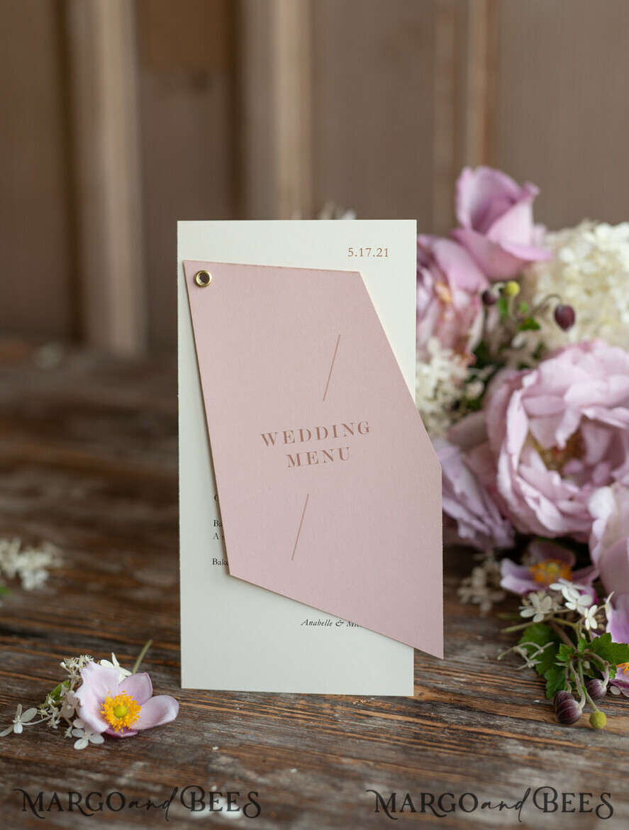 MENU & PROGRAMS romantic Geometric Minimalist Wedding Menu, Custom Blush and Ivory Double Menu Cards, Modern Handmade Geometric Wedding Menu, Simple Pink and Ecru Wedding Menu Cards