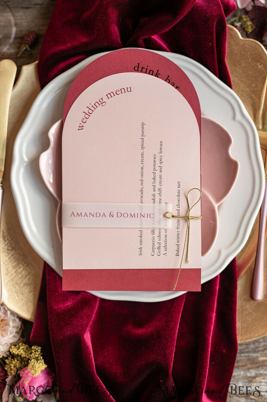 MENU & PROGRAMS romantic Arch Wedding Menu, Minimalist Blush Pink & Red Menu with Vellum Place Card and Golden Twine, Modern Arched Dinner Menu Cards, Handmade Simple Geometric Menu