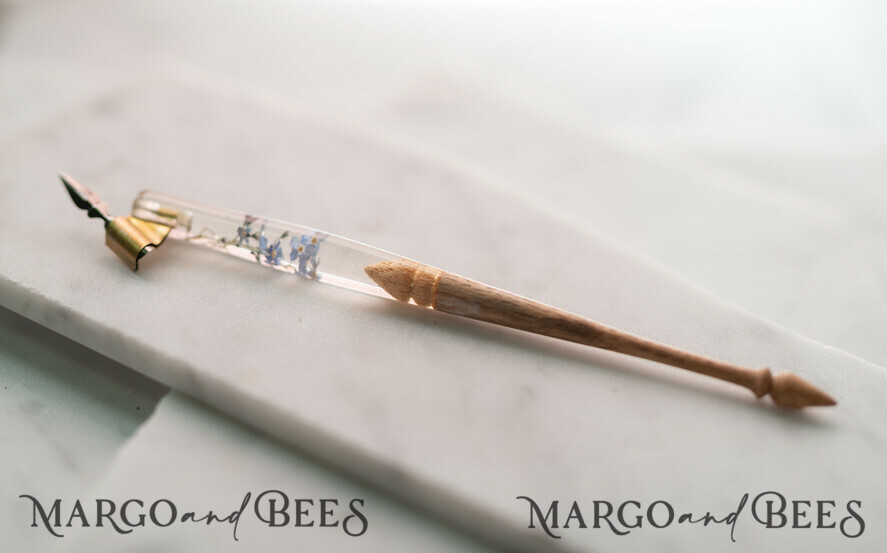 WOODEN PENHOLDERS Wood and resin English Oblique Pen, Handmade resin forget me not flowers Wooden Antique Dip Pen, Wood Oblique Calligraphy Pen Holder, perfect gift for her, practicing Quill