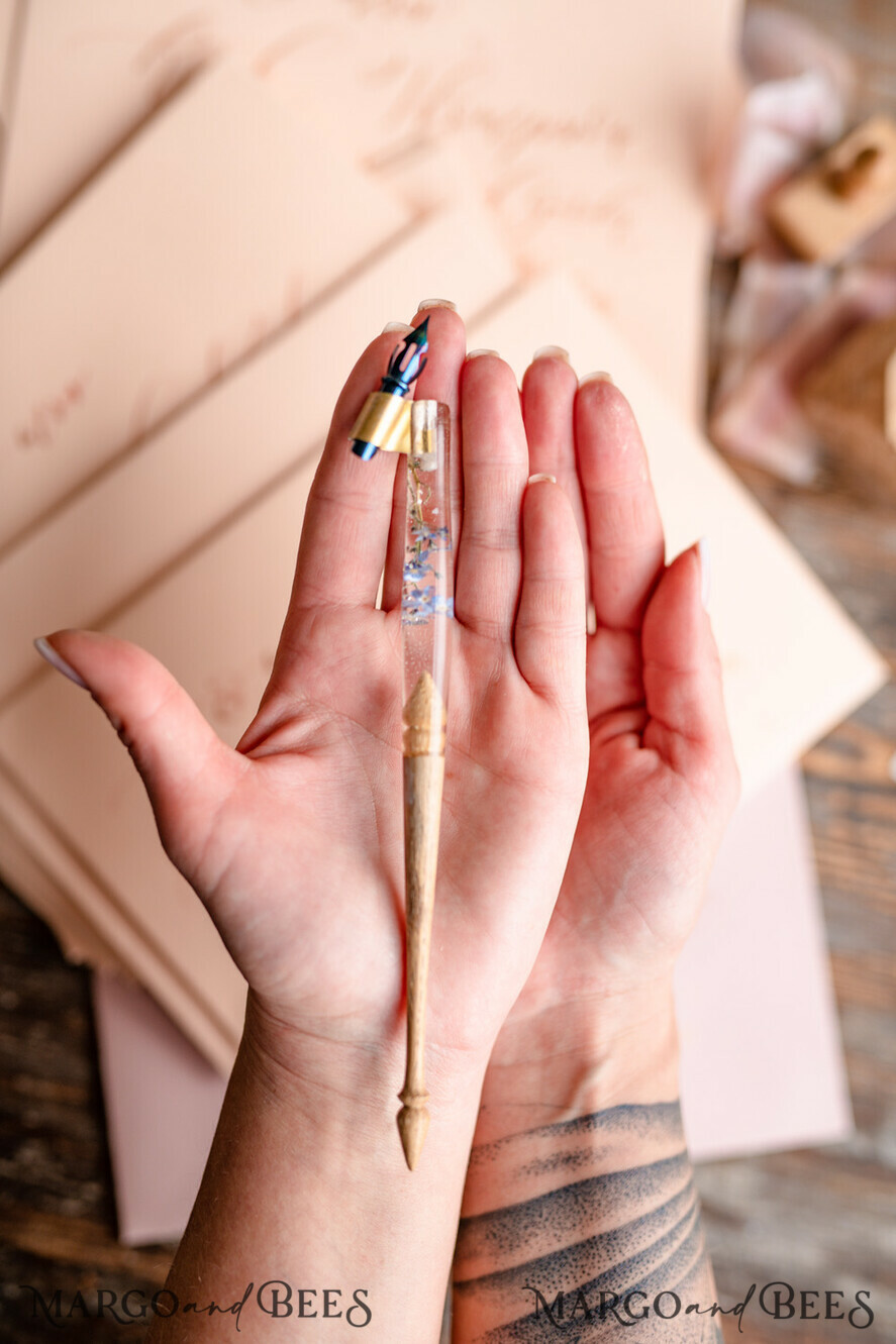WOODEN PENHOLDERS Wood and resin English Oblique Pen, Handmade resin forget me not flowers Wooden Antique Dip Pen, Wood Oblique Calligraphy Pen Holder, perfect gift for her, practicing Quill