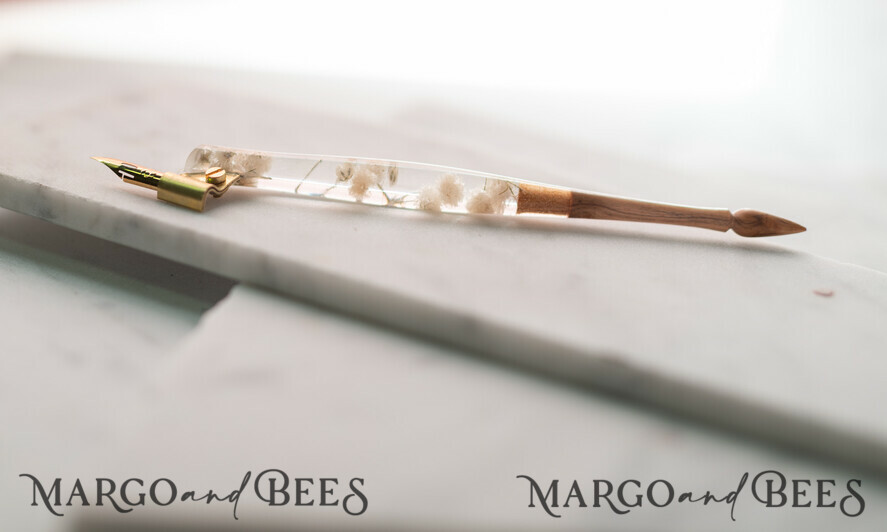 WOODEN PENHOLDERS Wood and resin English Oblique Pen, Handmade resin baby breath flowers Wooden Antique Dip Pen, Wood Oblique Calligraphy Pen Holder, perfect gift for her, practicing Quill