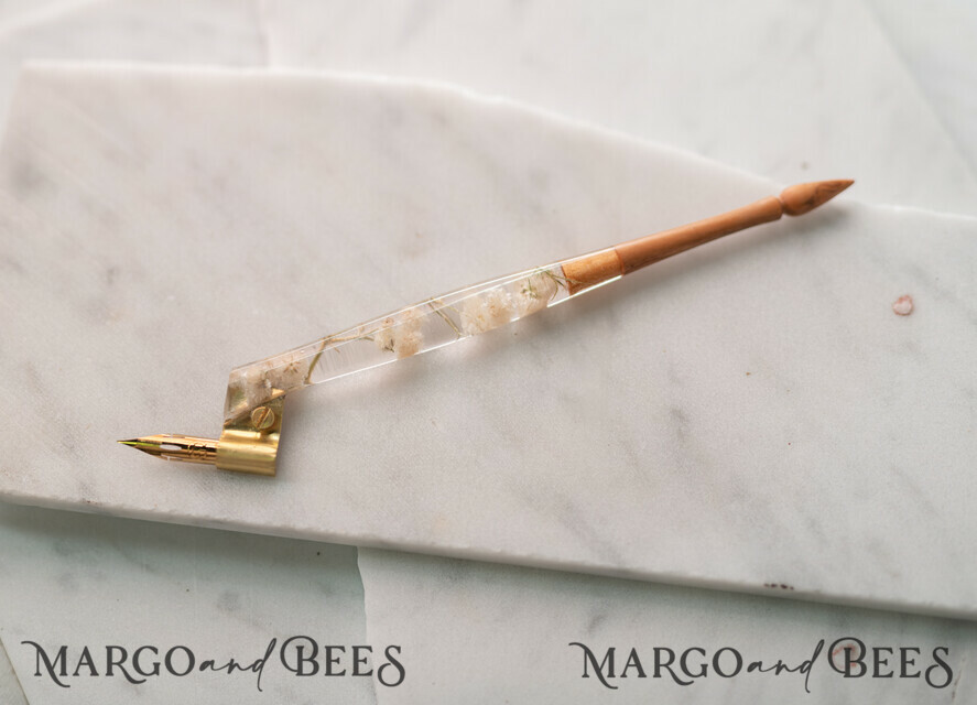 WOODEN PENHOLDERS Wood and resin English Oblique Pen, Handmade resin baby breath flowers Wooden Antique Dip Pen, Wood Oblique Calligraphy Pen Holder, perfect gift for her, practicing Quill