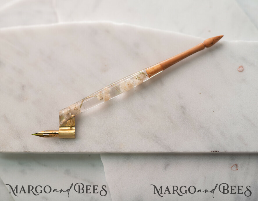 WOODEN PENHOLDERS Wood and resin English Oblique Pen, Handmade resin baby breath flowers Wooden Antique Dip Pen, Wood Oblique Calligraphy Pen Holder, perfect gift for her, practicing Quill