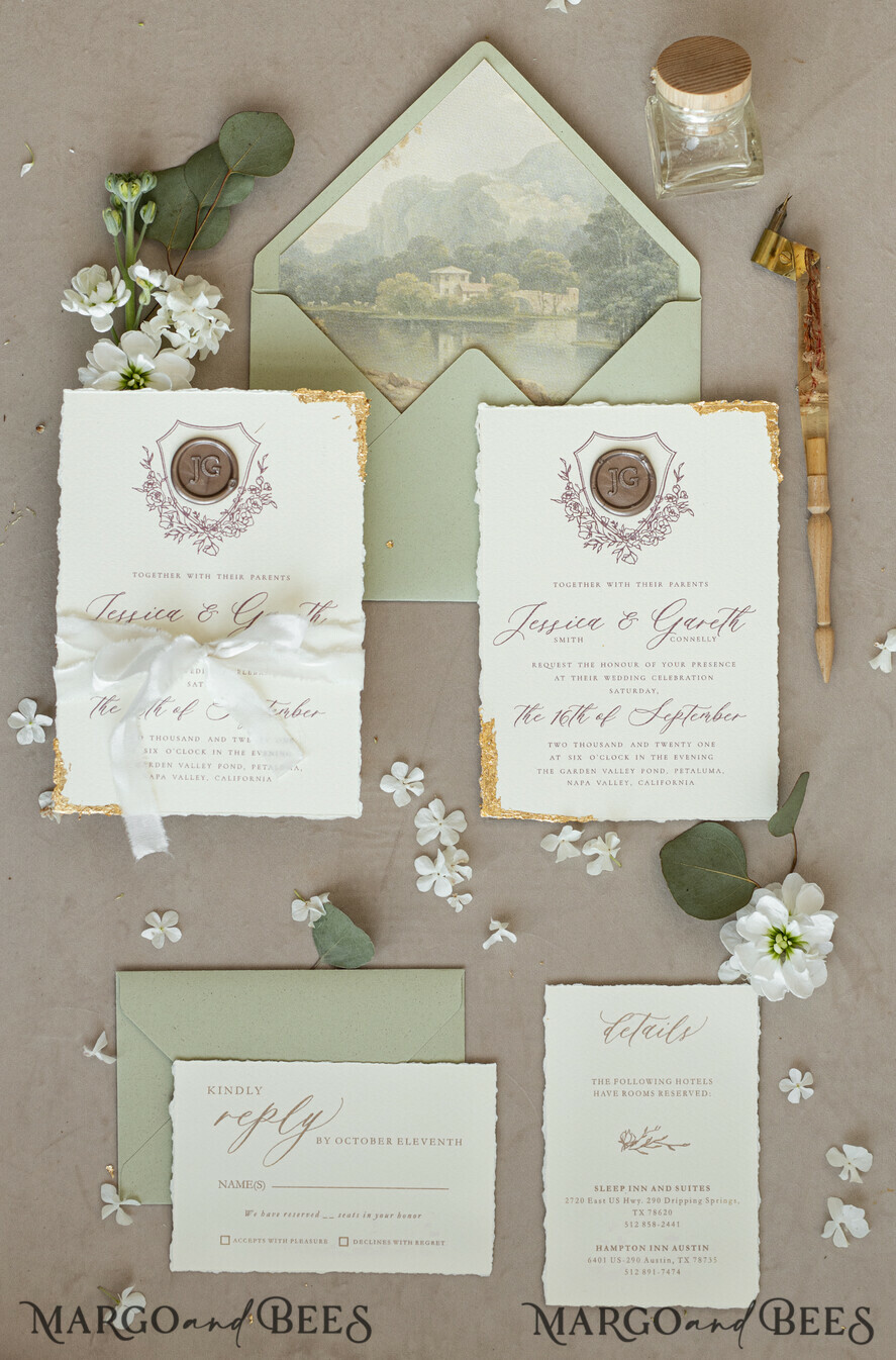 WEDDING INVITATIONS modern calligraphy / fine art Fine Art Gold & sage green Wedding Invitation, Velvet Golden Edges Wedding Invitations, Vintage Gold Invites suite, Torn Edges Wedding invitation with rsvp