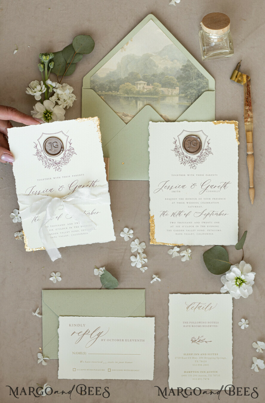 WEDDING INVITATIONS modern calligraphy / fine art Fine Art Gold & sage green Wedding Invitation, Velvet Golden Edges Wedding Invitations, Vintage Gold Invites suite, Torn Edges Wedding invitation with rsvp