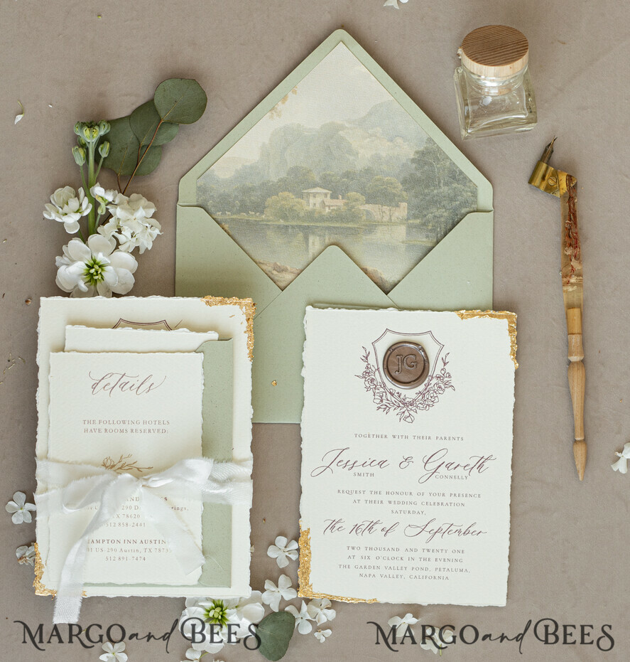 WEDDING INVITATIONS modern calligraphy / fine art Fine Art Gold & sage green Wedding Invitation, Velvet Golden Edges Wedding Invitations, Vintage Gold Invites suite, Torn Edges Wedding invitation with rsvp