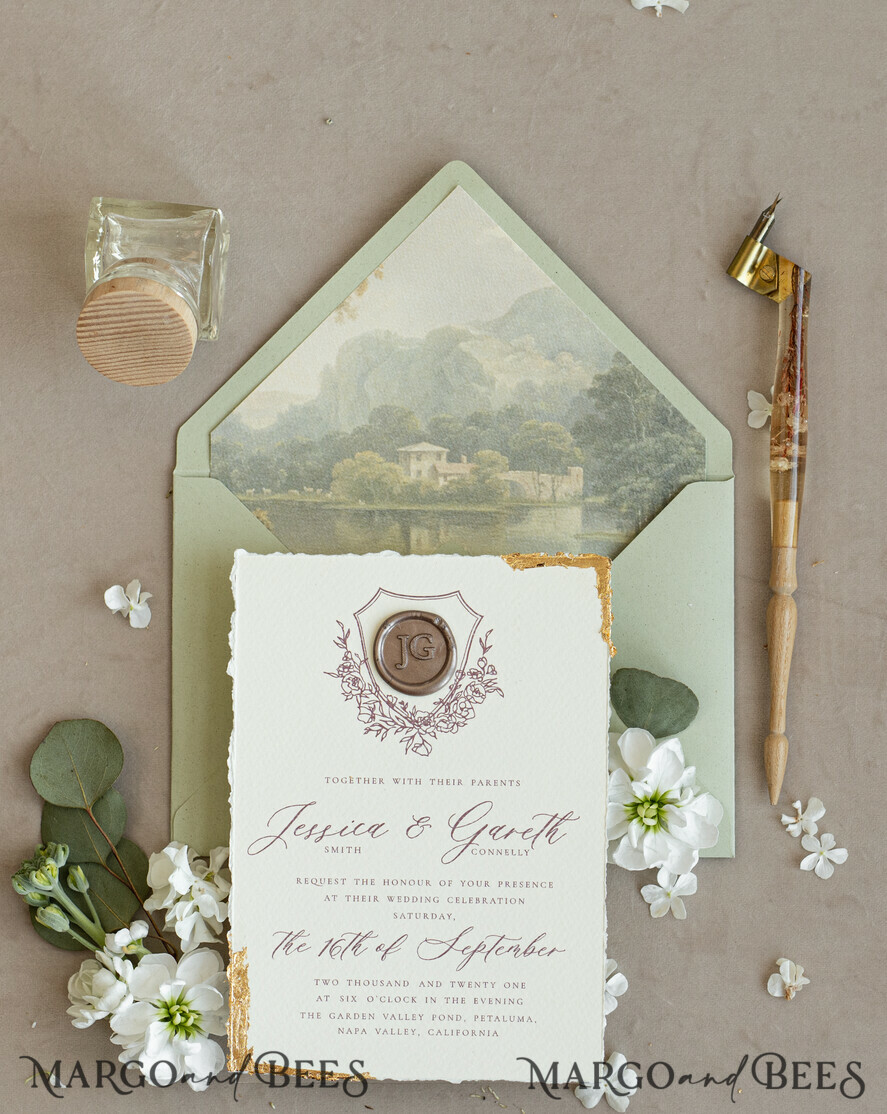 WEDDING INVITATIONS modern calligraphy / fine art Fine Art Gold & sage green Wedding Invitation, Velvet Golden Edges Wedding Invitations, Vintage Gold Invites suite, Torn Edges Wedding invitation with rsvp