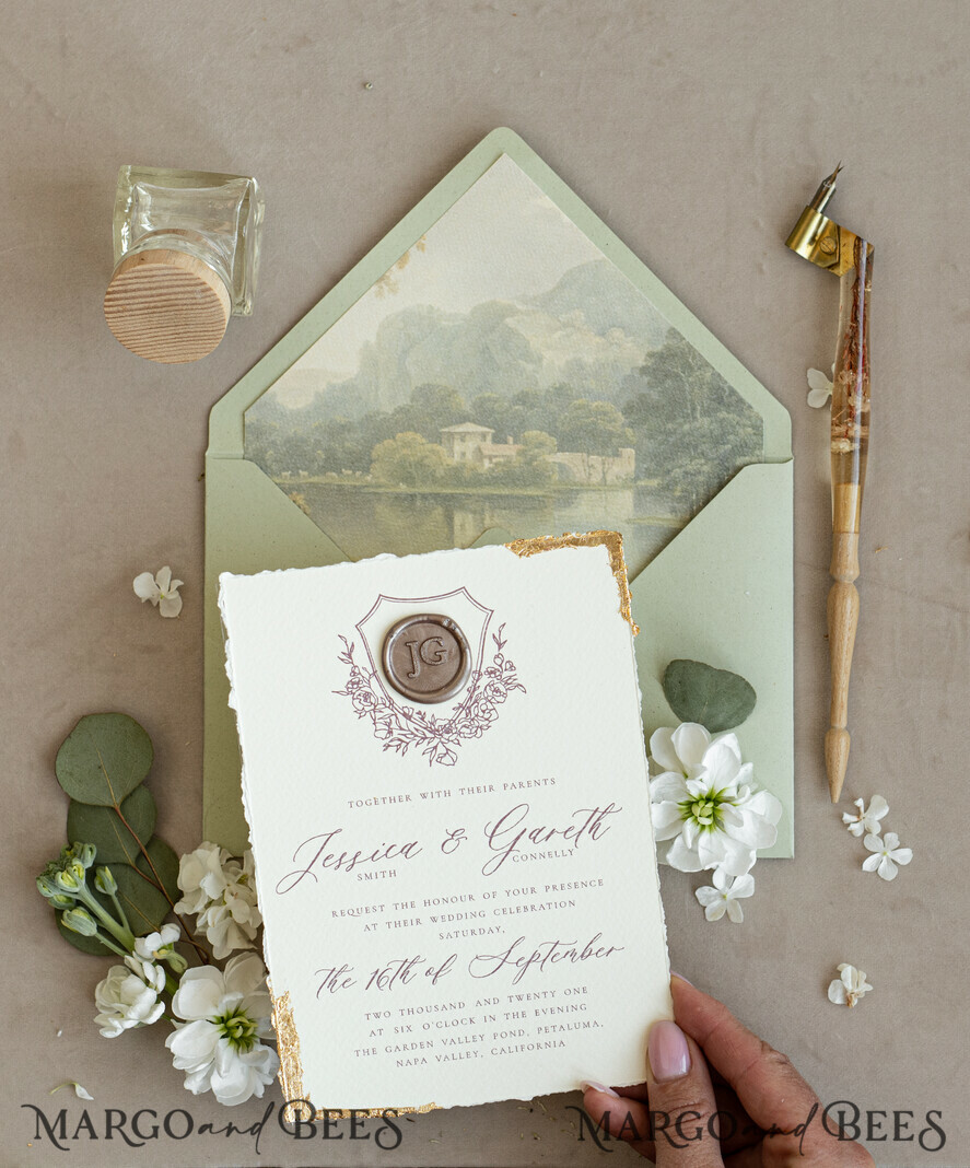 WEDDING INVITATIONS modern calligraphy / fine art Fine Art Gold & sage green Wedding Invitation, Velvet Golden Edges Wedding Invitations, Vintage Gold Invites suite, Torn Edges Wedding invitation with rsvp