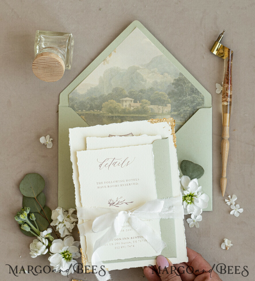WEDDING INVITATIONS modern calligraphy / fine art Fine Art Gold & sage green Wedding Invitation, Velvet Golden Edges Wedding Invitations, Vintage Gold Invites suite, Torn Edges Wedding invitation with rsvp