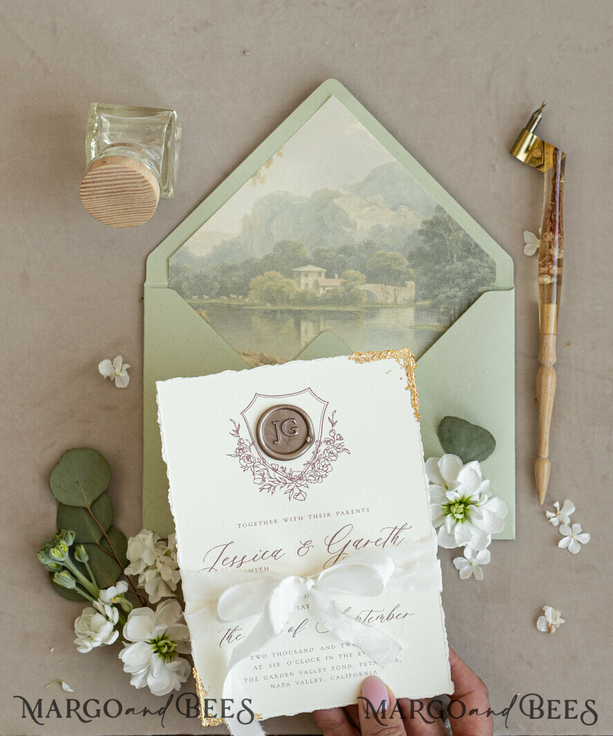 WEDDING INVITATIONS modern calligraphy / fine art Fine Art Gold & sage green Wedding Invitation, Velvet Golden Edges Wedding Invitations, Vintage Gold Invites suite, Torn Edges Wedding invitation with rsvp