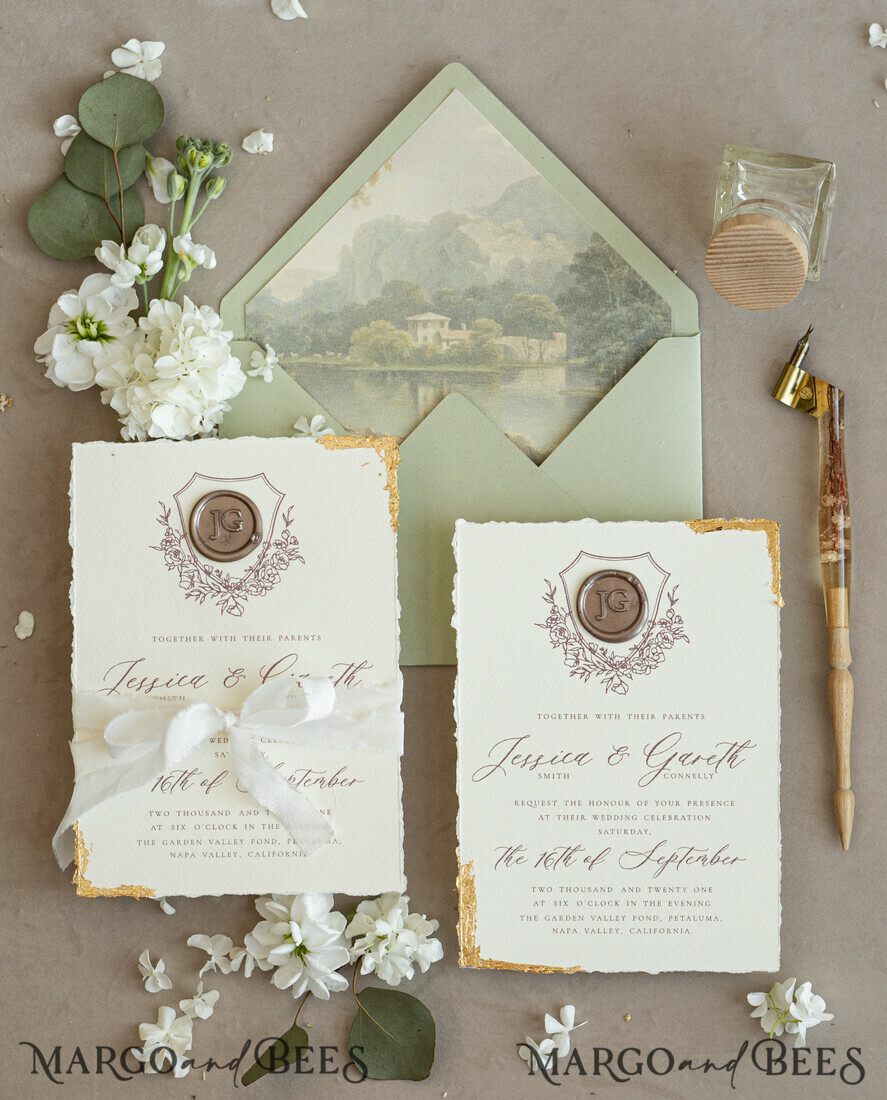 WEDDING INVITATIONS modern calligraphy / fine art Fine Art Gold & sage green Wedding Invitation, Velvet Golden Edges Wedding Invitations, Vintage Gold Invites suite, Torn Edges Wedding invitation with rsvp