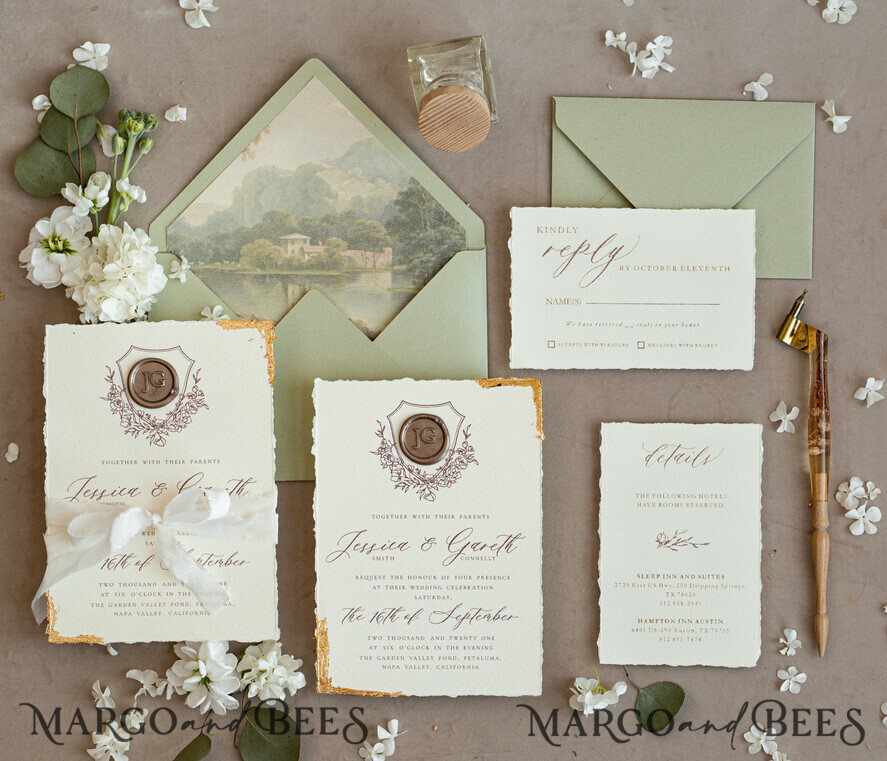 WEDDING INVITATIONS modern calligraphy / fine art Fine Art Gold & sage green Wedding Invitation, Velvet Golden Edges Wedding Invitations, Vintage Gold Invites suite, Torn Edges Wedding invitation with rsvp