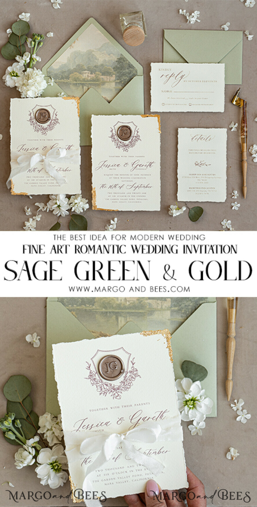 WEDDING INVITATIONS modern calligraphy / fine art Fine Art Gold & sage green Wedding Invitation, Velvet Golden Edges Wedding Invitations, Vintage Gold Invites suite, Torn Edges Wedding invitation with rsvp