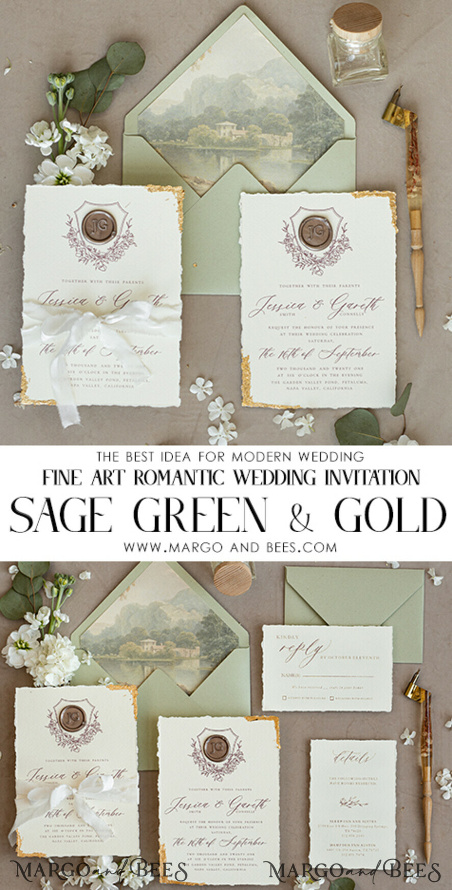 WEDDING INVITATIONS modern calligraphy / fine art Fine Art Gold & sage green Wedding Invitation, Velvet Golden Edges Wedding Invitations, Vintage Gold Invites suite, Torn Edges Wedding invitation with rsvp