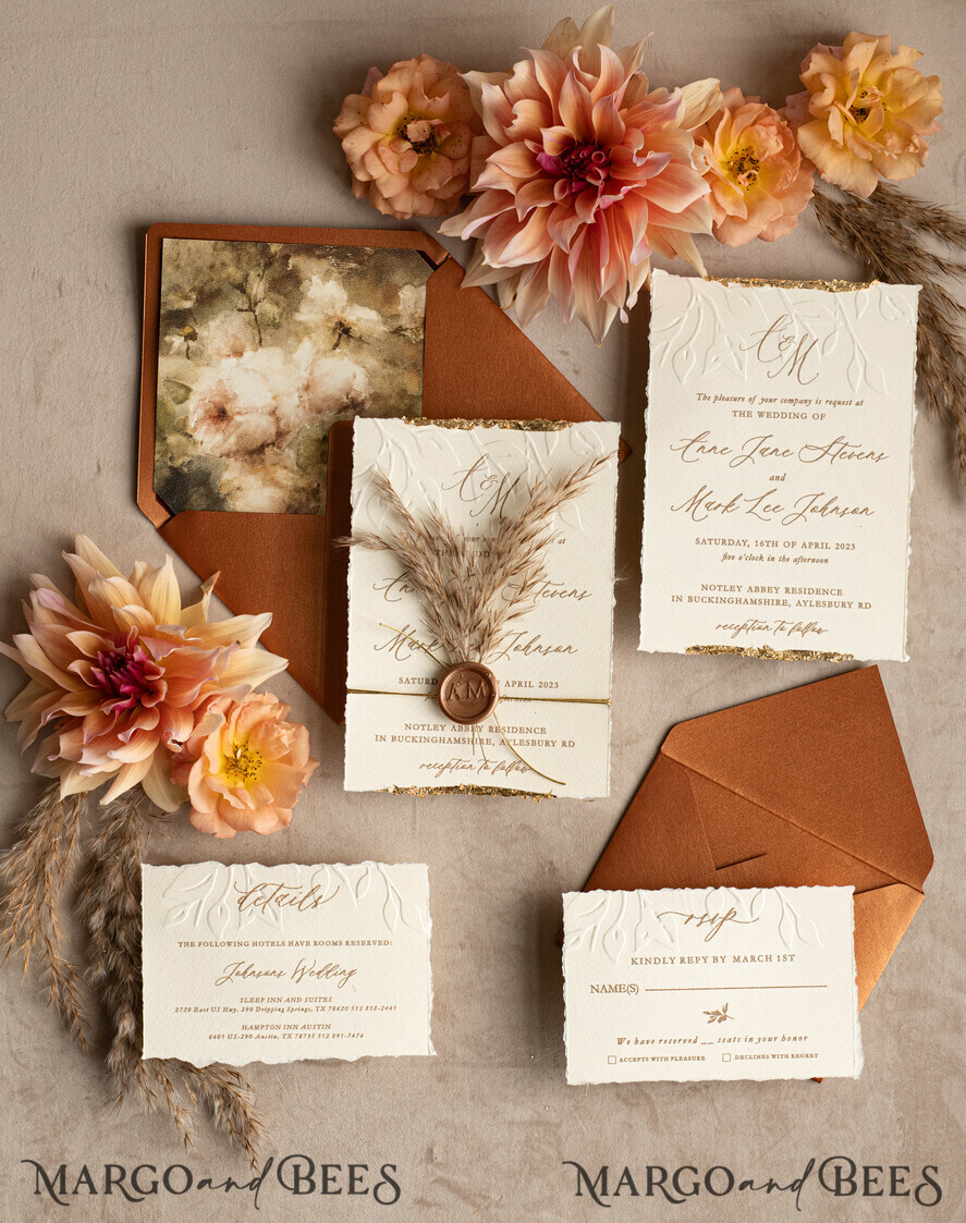 WEDDING INVITATIONS modern calligraphy / fine art Fall Fine Art Embossed Ivory Gold Wedding Invitation, Pampass Grass Floral Wedding Invitation, Boho Burnt Orange Invitation suite, Wax Seal Monogram wedding invitation suite, Deckled Edge Invites, Torn Edge Wedding Invitations golden,