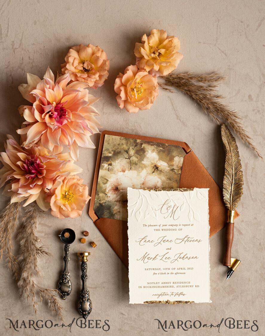 WEDDING INVITATIONS modern calligraphy / fine art Fall Fine Art Embossed Ivory Gold Wedding Invitation, Pampass Grass Floral Wedding Invitation, Boho Burnt Orange Invitation suite, Wax Seal Monogram wedding invitation suite, Deckled Edge Invites, Torn Edge Wedding Invitations golden,
