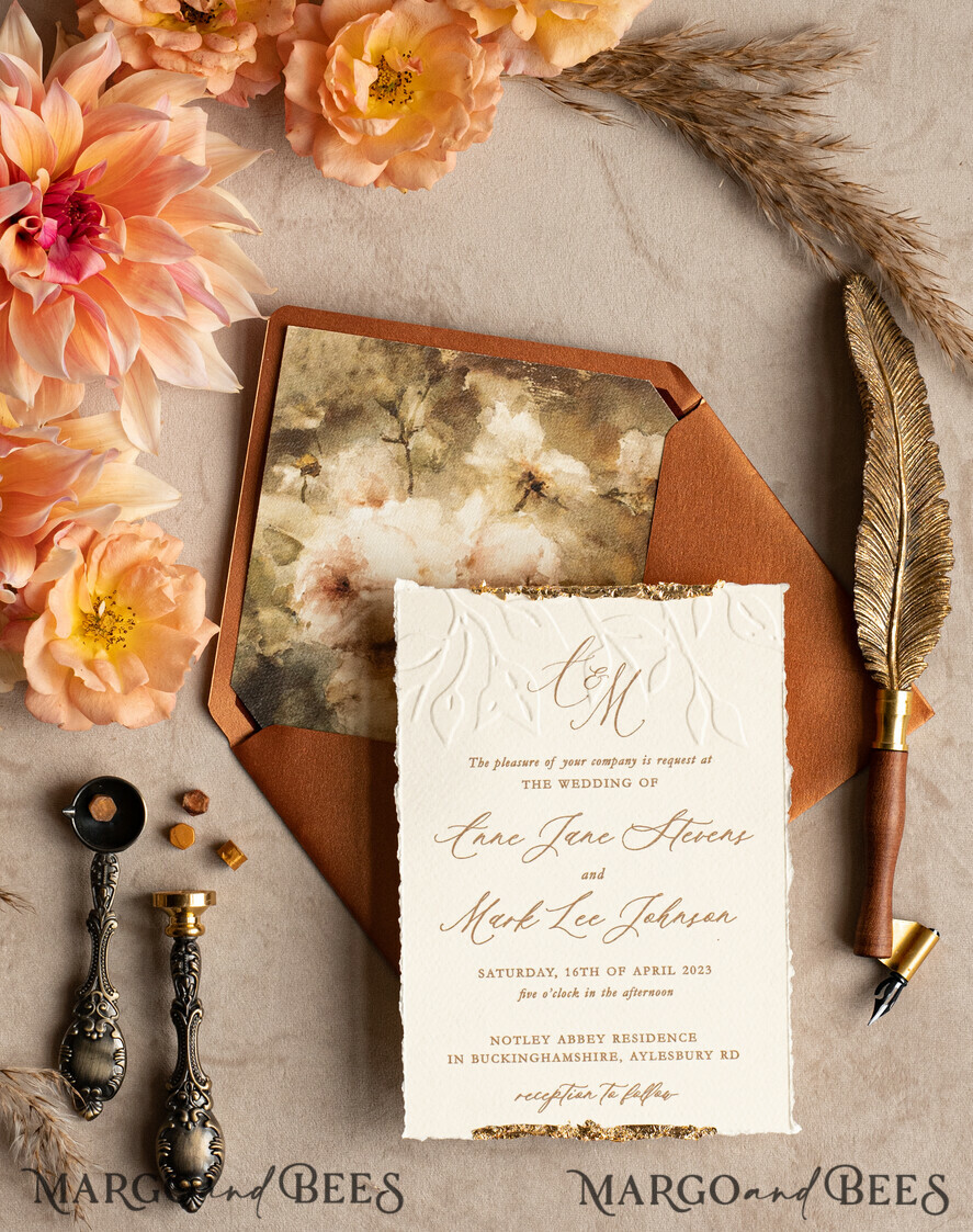 WEDDING INVITATIONS modern calligraphy / fine art Fall Fine Art Embossed Ivory Gold Wedding Invitation, Pampass Grass Floral Wedding Invitation, Boho Burnt Orange Invitation suite, Wax Seal Monogram wedding invitation suite, Deckled Edge Invites, Torn Edge Wedding Invitations golden,