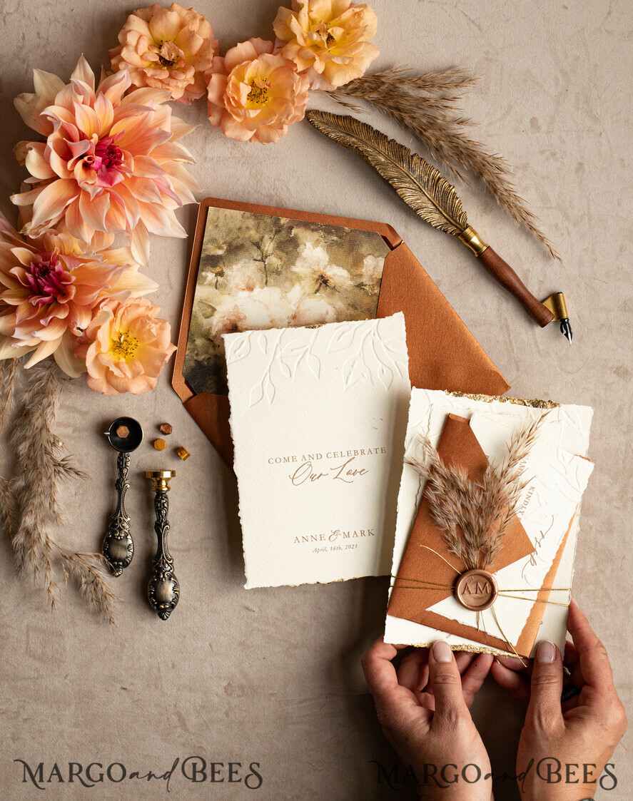 WEDDING INVITATIONS modern calligraphy / fine art Fall Fine Art Embossed Ivory Gold Wedding Invitation, Pampass Grass Floral Wedding Invitation, Boho Burnt Orange Invitation suite, Wax Seal Monogram wedding invitation suite, Deckled Edge Invites, Torn Edge Wedding Invitations golden,