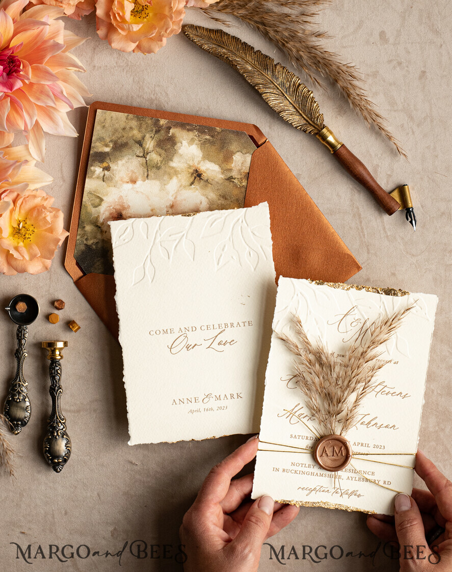 WEDDING INVITATIONS modern calligraphy / fine art Fall Fine Art Embossed Ivory Gold Wedding Invitation, Pampass Grass Floral Wedding Invitation, Boho Burnt Orange Invitation suite, Wax Seal Monogram wedding invitation suite, Deckled Edge Invites, Torn Edge Wedding Invitations golden,