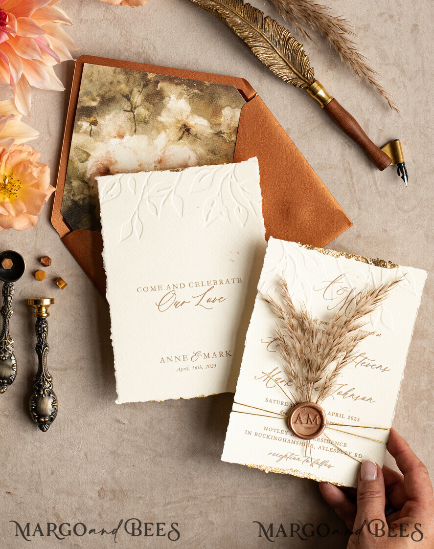 WEDDING INVITATIONS modern calligraphy / fine art Fall Fine Art Embossed Ivory Gold Wedding Invitation, Pampass Grass Floral Wedding Invitation, Boho Burnt Orange Invitation suite, Wax Seal Monogram wedding invitation suite, Deckled Edge Invites, Torn Edge Wedding Invitations golden,
