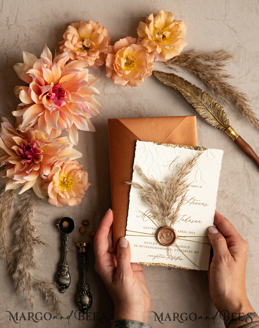 WEDDING INVITATIONS modern calligraphy / fine art Fall Fine Art Embossed Ivory Gold Wedding Invitation, Pampass Grass Floral Wedding Invitation, Boho Burnt Orange Invitation suite, Wax Seal Monogram wedding invitation suite, Deckled Edge Invites, Torn Edge Wedding Invitations golden,