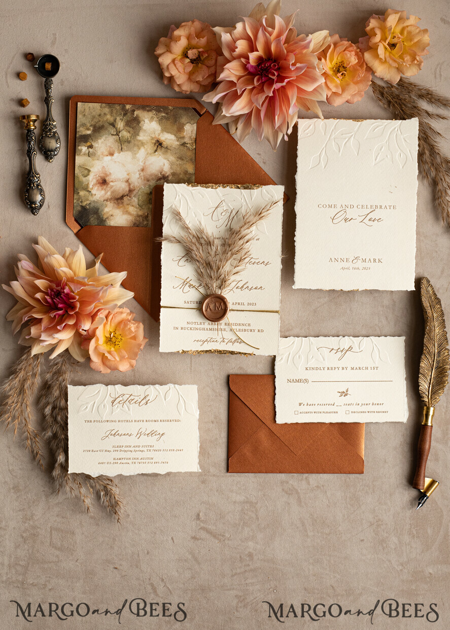WEDDING INVITATIONS modern calligraphy / fine art Fall Fine Art Embossed Ivory Gold Wedding Invitation, Pampass Grass Floral Wedding Invitation, Boho Burnt Orange Invitation suite, Wax Seal Monogram wedding invitation suite, Deckled Edge Invites, Torn Edge Wedding Invitations golden,
