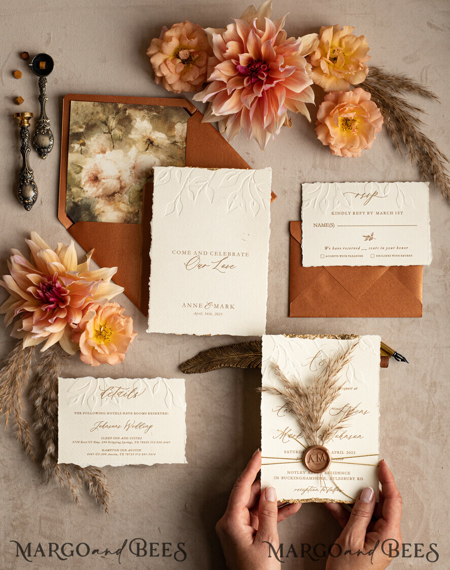 WEDDING INVITATIONS modern calligraphy / fine art Fall Fine Art Embossed Ivory Gold Wedding Invitation, Pampass Grass Floral Wedding Invitation, Boho Burnt Orange Invitation suite, Wax Seal Monogram wedding invitation suite, Deckled Edge Invites, Torn Edge Wedding Invitations golden,