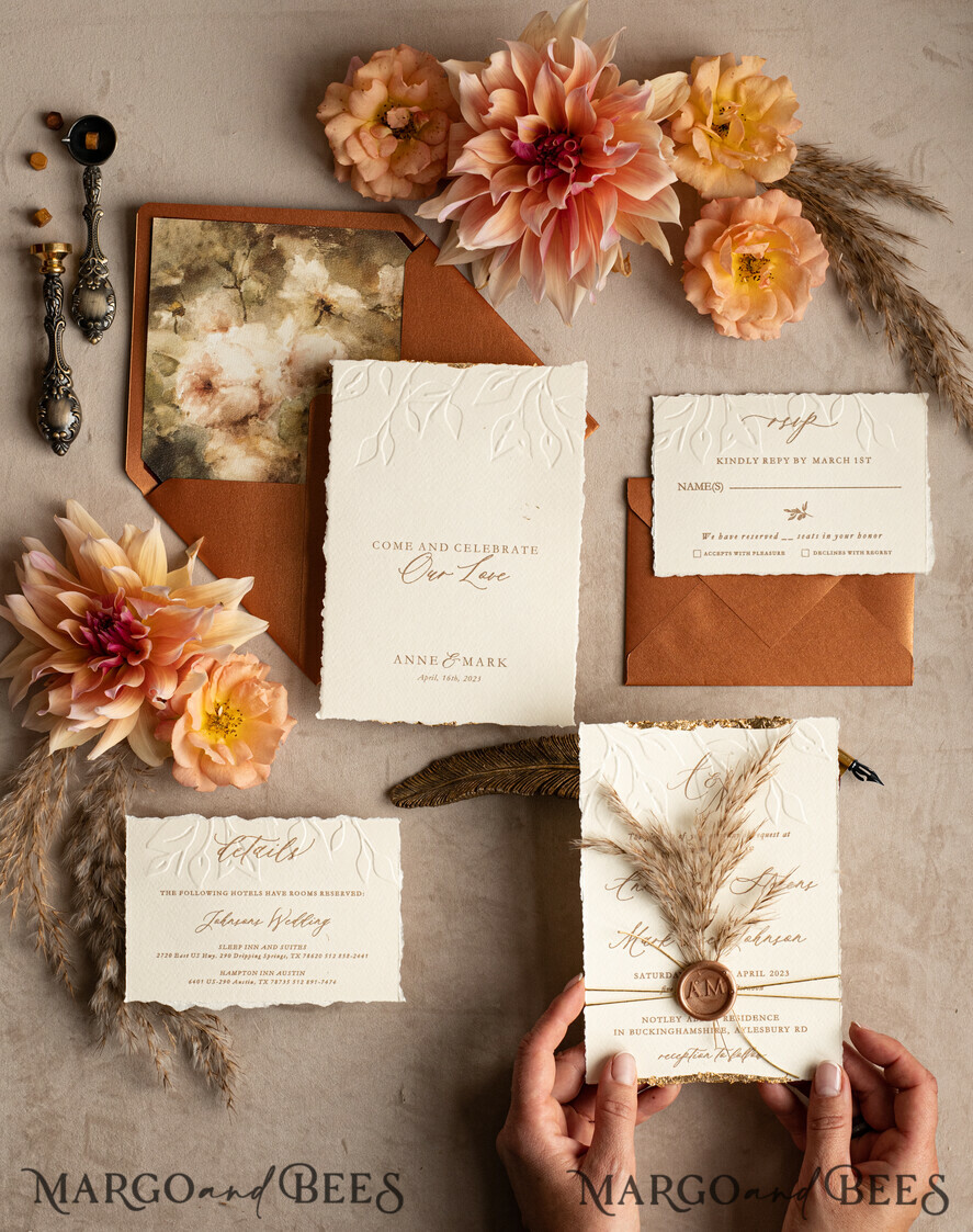 WEDDING INVITATIONS modern calligraphy / fine art Fall Fine Art Embossed Ivory Gold Wedding Invitation, Pampass Grass Floral Wedding Invitation, Boho Burnt Orange Invitation suite, Wax Seal Monogram wedding invitation suite, Deckled Edge Invites, Torn Edge Wedding Invitations golden,