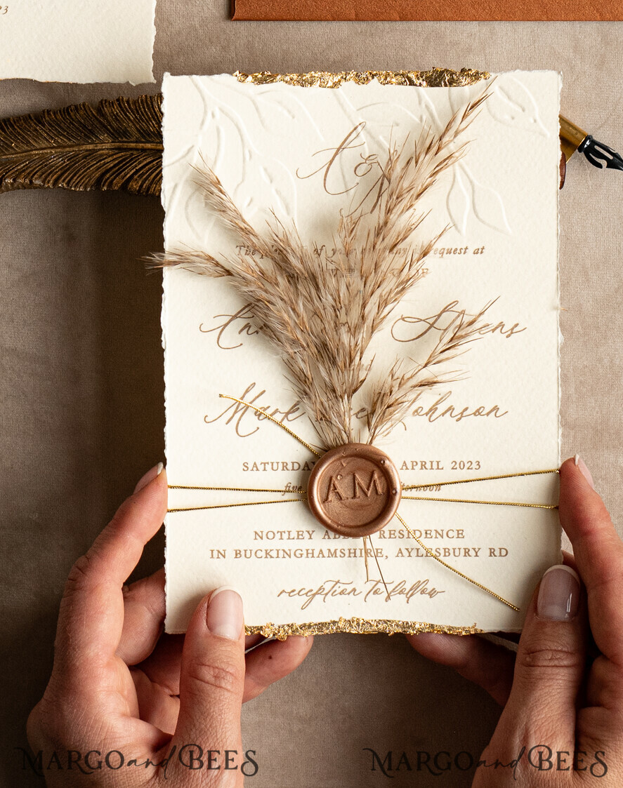 WEDDING INVITATIONS modern calligraphy / fine art Fall Fine Art Embossed Ivory Gold Wedding Invitation, Pampass Grass Floral Wedding Invitation, Boho Burnt Orange Invitation suite, Wax Seal Monogram wedding invitation suite, Deckled Edge Invites, Torn Edge Wedding Invitations golden,