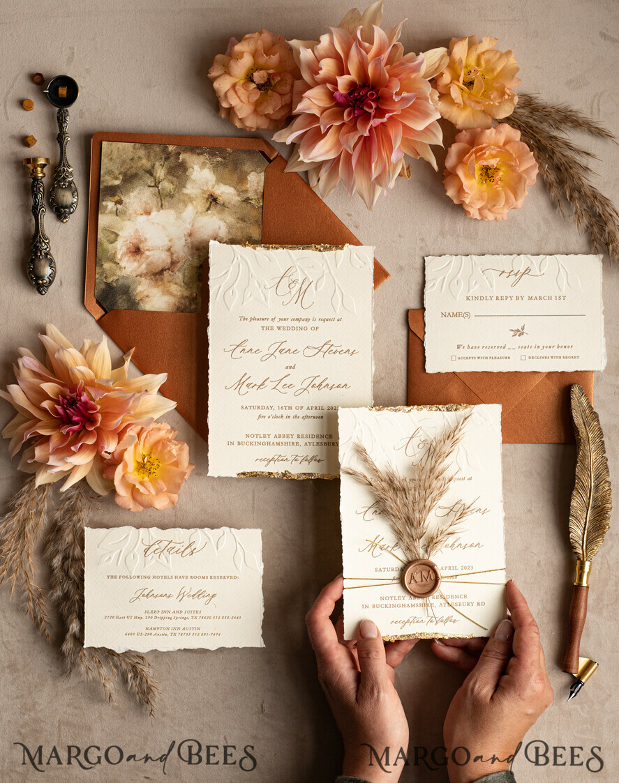 WEDDING INVITATIONS modern calligraphy / fine art Fall Fine Art Embossed Ivory Gold Wedding Invitation, Pampass Grass Floral Wedding Invitation, Boho Burnt Orange Invitation suite, Wax Seal Monogram wedding invitation suite, Deckled Edge Invites, Torn Edge Wedding Invitations golden,