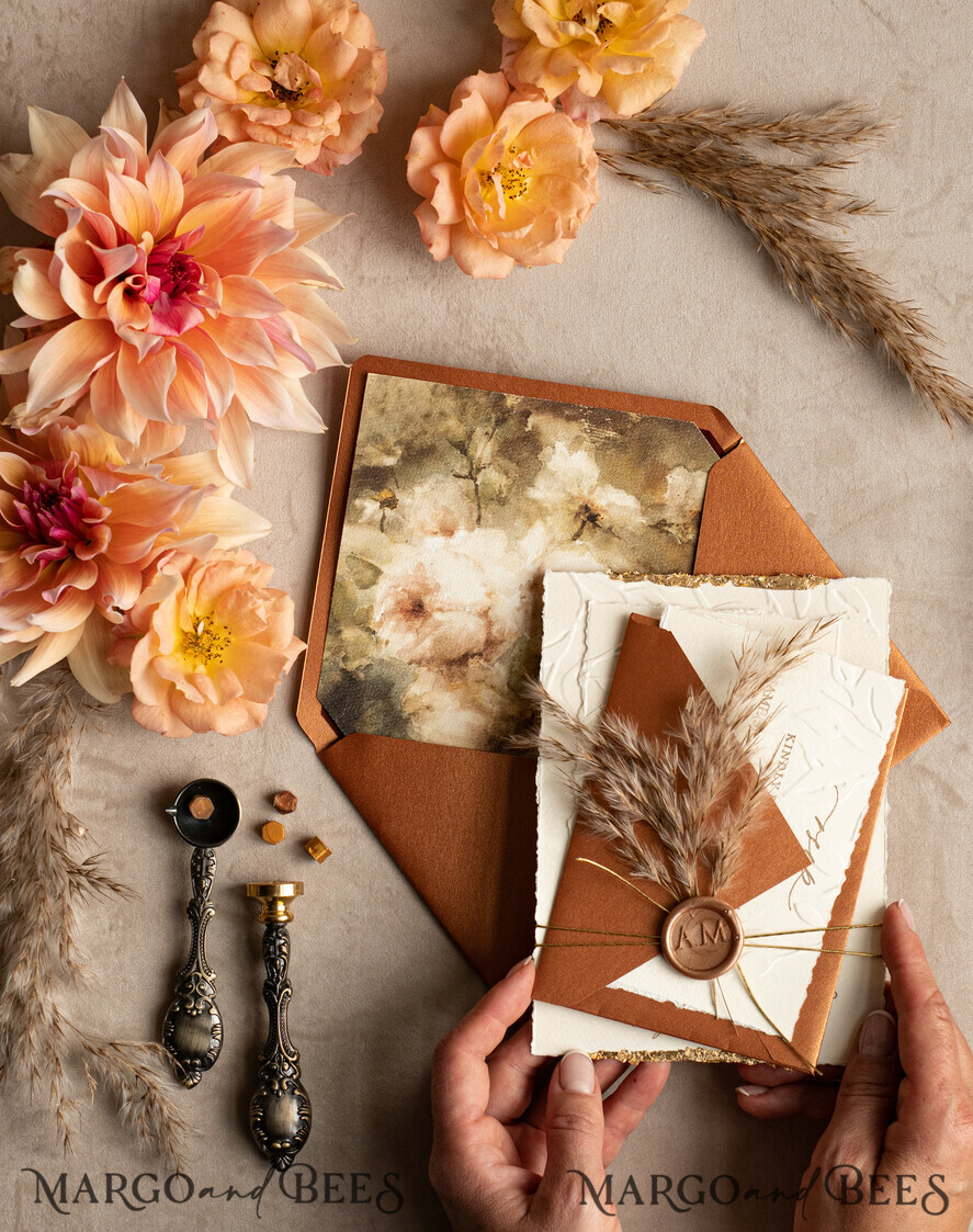 WEDDING INVITATIONS modern calligraphy / fine art Fall Fine Art Embossed Ivory Gold Wedding Invitation, Pampass Grass Floral Wedding Invitation, Boho Burnt Orange Invitation suite, Wax Seal Monogram wedding invitation suite, Deckled Edge Invites, Torn Edge Wedding Invitations golden,