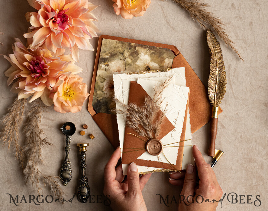 WEDDING INVITATIONS modern calligraphy / fine art Fall Fine Art Embossed Ivory Gold Wedding Invitation, Pampass Grass Floral Wedding Invitation, Boho Burnt Orange Invitation suite, Wax Seal Monogram wedding invitation suite, Deckled Edge Invites, Torn Edge Wedding Invitations golden,