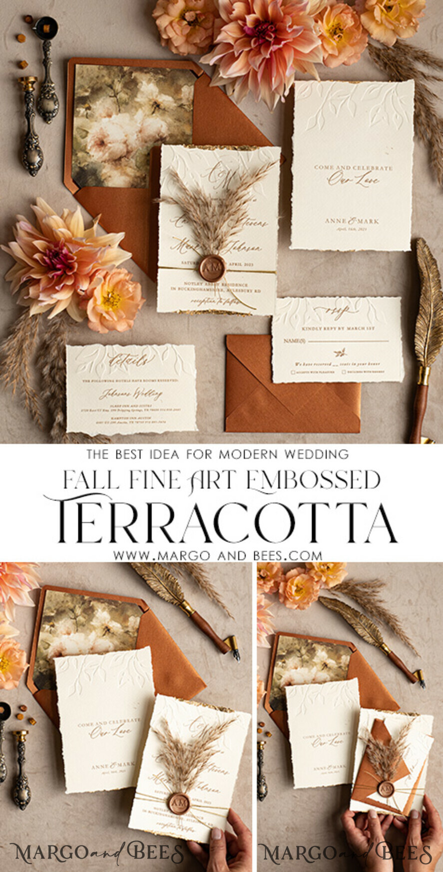 WEDDING INVITATIONS modern calligraphy / fine art Fall Fine Art Embossed Ivory Gold Wedding Invitation, Pampass Grass Floral Wedding Invitation, Boho Burnt Orange Invitation suite, Wax Seal Monogram wedding invitation suite, Deckled Edge Invites, Torn Edge Wedding Invitations golden,