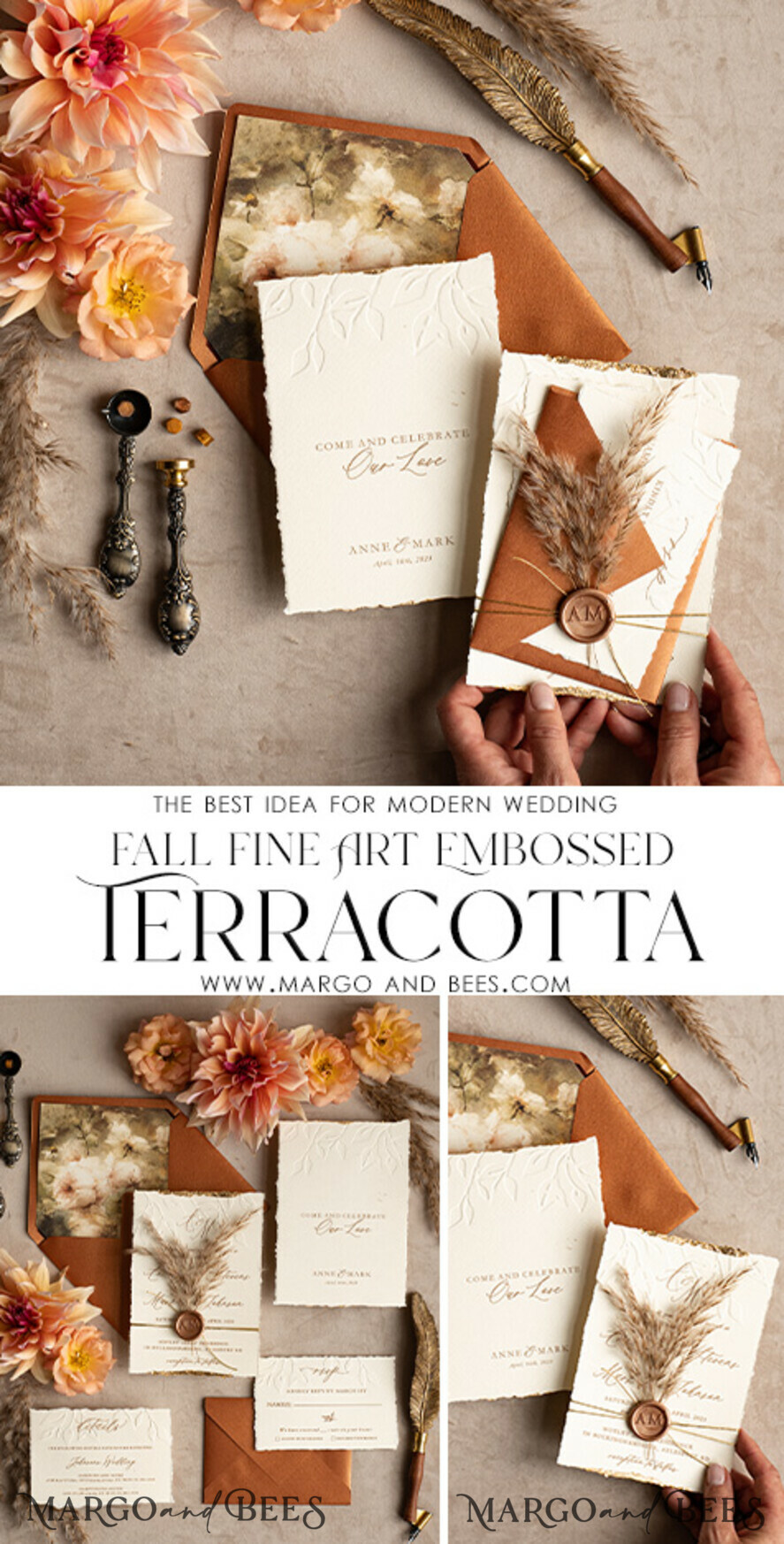 WEDDING INVITATIONS modern calligraphy / fine art Fall Fine Art Embossed Ivory Gold Wedding Invitation, Pampass Grass Floral Wedding Invitation, Boho Burnt Orange Invitation suite, Wax Seal Monogram wedding invitation suite, Deckled Edge Invites, Torn Edge Wedding Invitations golden,