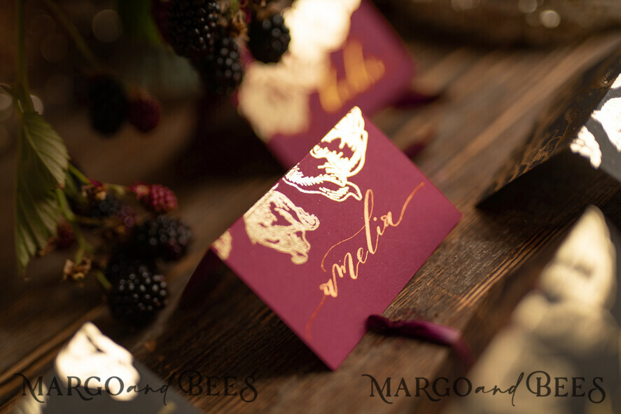 PLACE CARDS / TABLE CARDS calligraphy Luxury Modern Black Place Cards, Elegant Marsala Place Card with Gold printout, Romantic Name Tags For Your Wedding Tables, Calligraphy style Wedding Cards