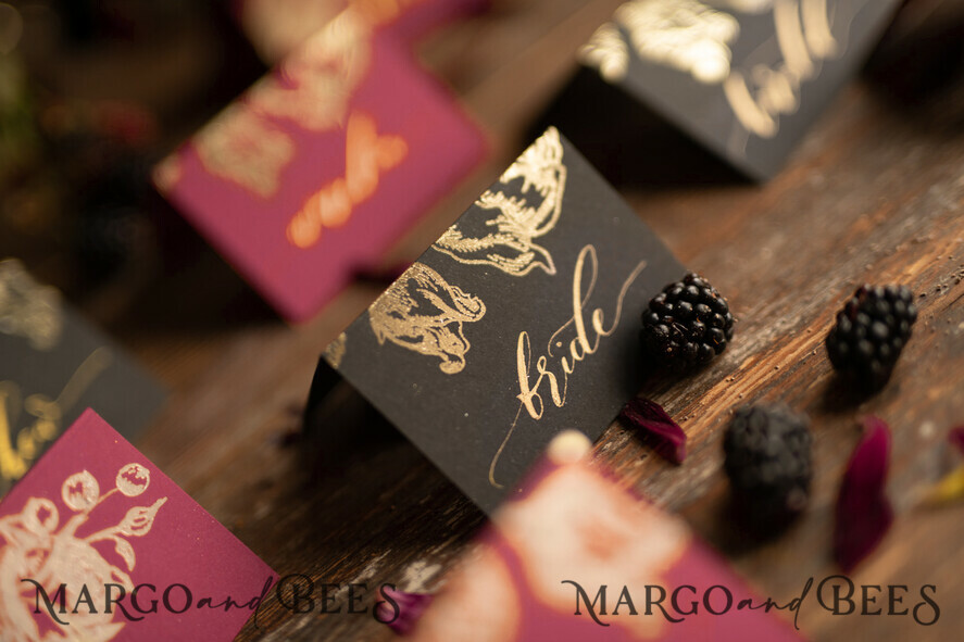 PLACE CARDS / TABLE CARDS calligraphy Luxury Modern Black Place Cards, Elegant Marsala Place Card with Gold printout, Romantic Name Tags For Your Wedding Tables, Calligraphy style Wedding Cards