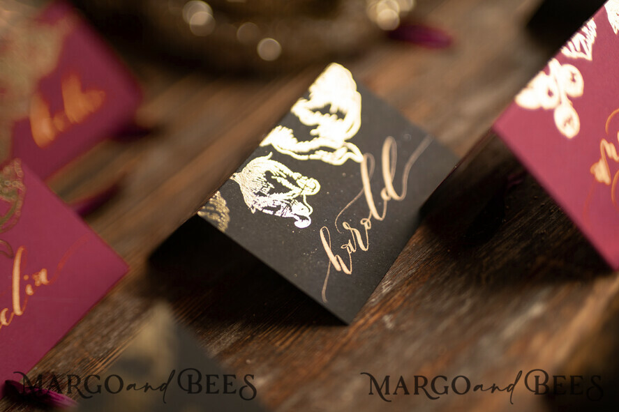 PLACE CARDS / TABLE CARDS calligraphy Luxury Modern Black Place Cards, Elegant Marsala Place Card with Gold printout, Romantic Name Tags For Your Wedding Tables, Calligraphy style Wedding Cards