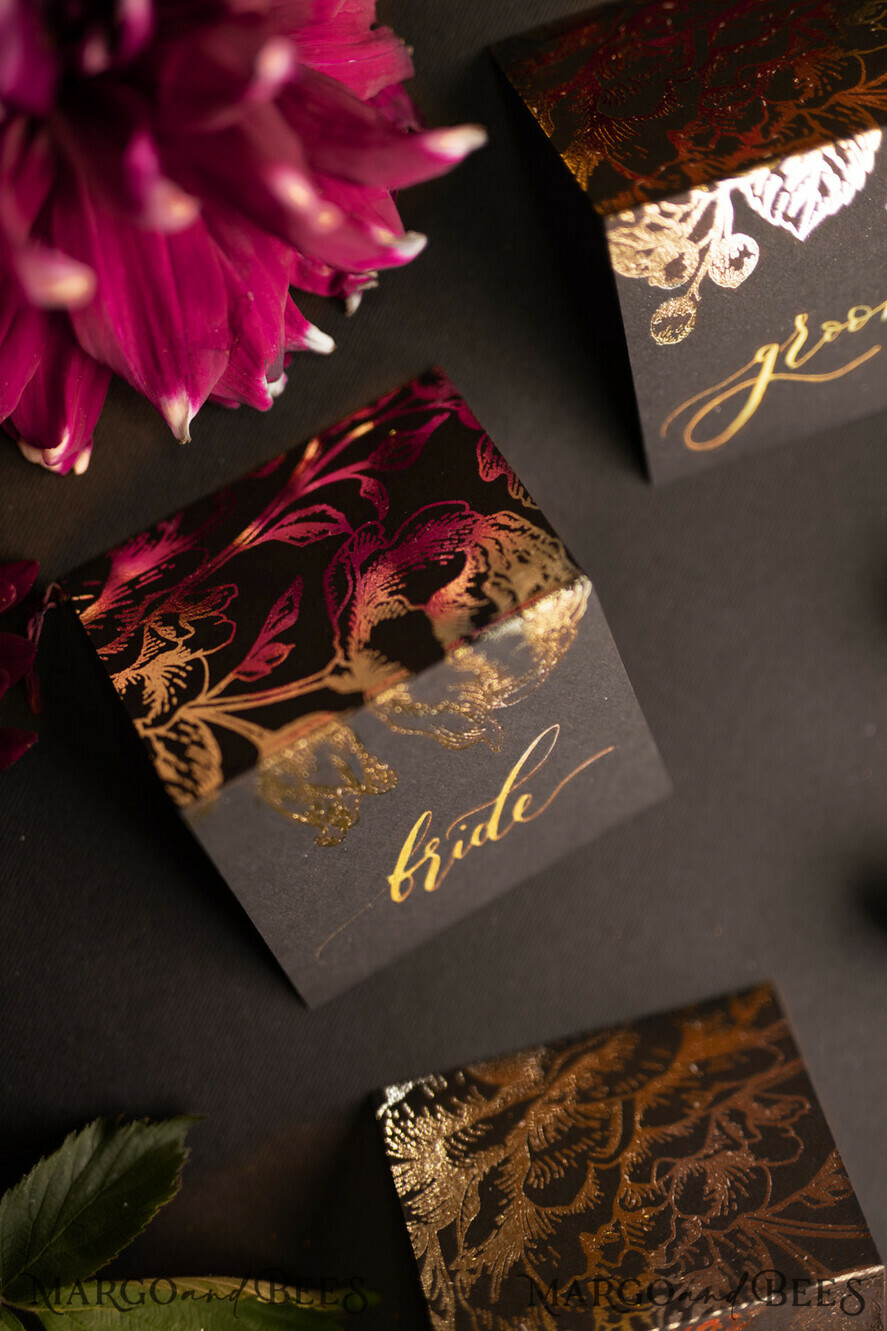 PLACE CARDS / TABLE CARDS calligraphy Luxury Modern Black Place Cards, Elegant Marsala Place Card with Gold printout, Romantic Name Tags For Your Wedding Tables, Calligraphy style Wedding Cards