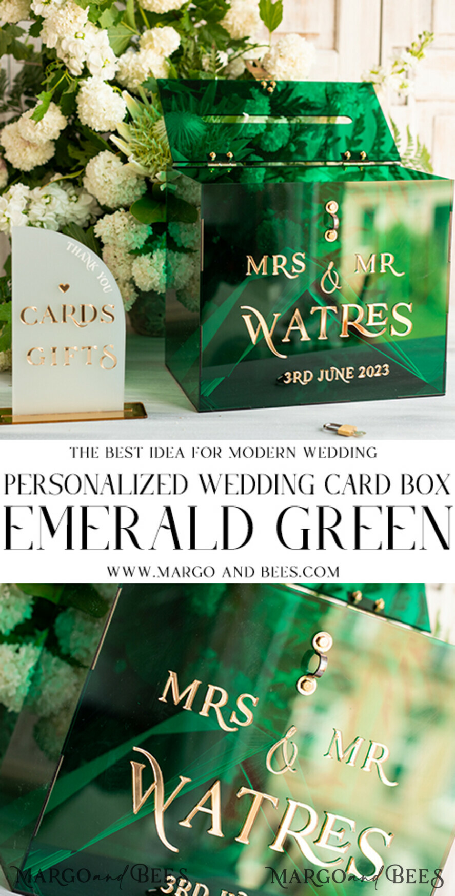 CARD BOXES acrylic Cards box Elegant Emerald Green wedding Set acrylic card box with Lock and sign cards & gifts, Personalized Wedding Card Box, Greenery Acryl Wedding Card Box with Lid,