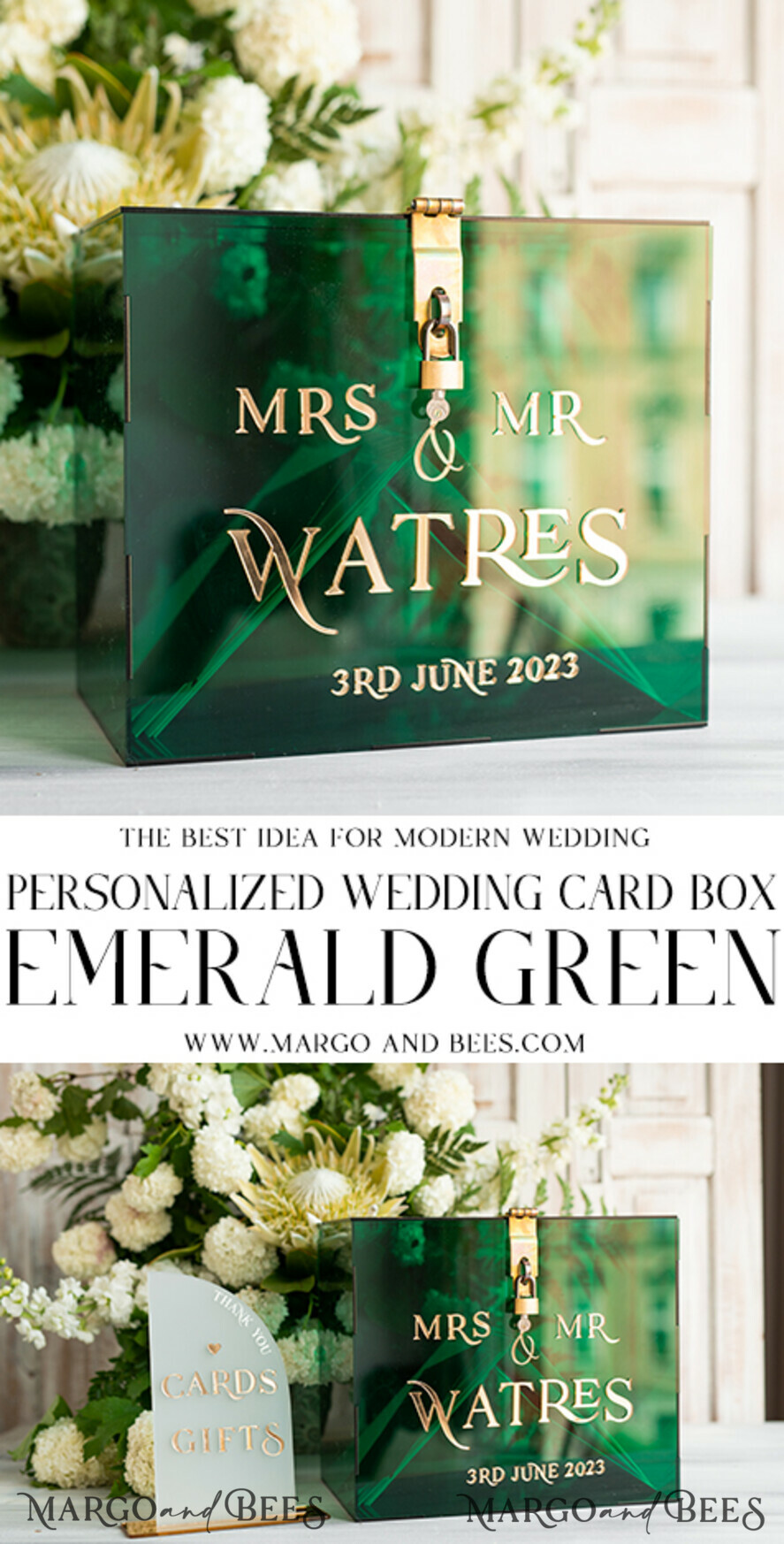 CARD BOXES acrylic Cards box Elegant Emerald Green wedding Set acrylic card box with Lock and sign cards & gifts, Personalized Wedding Card Box, Greenery Acryl Wedding Card Box with Lid,