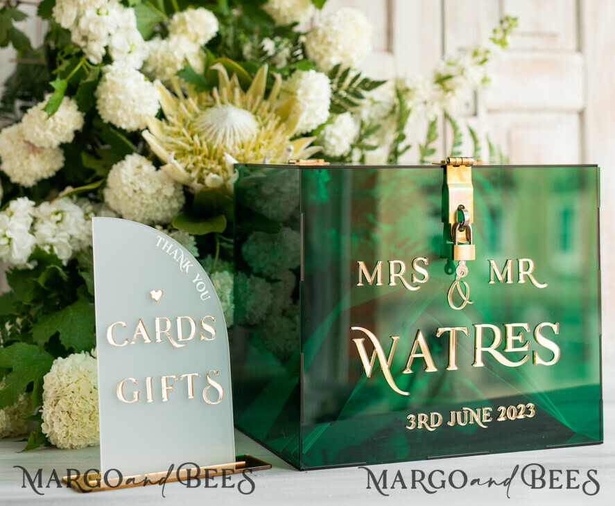 CARD BOXES acrylic Cards box Elegant Emerald Green wedding Set acrylic card box with Lock and sign cards & gifts, Personalized Wedding Card Box, Greenery Acryl Wedding Card Box with Lid,